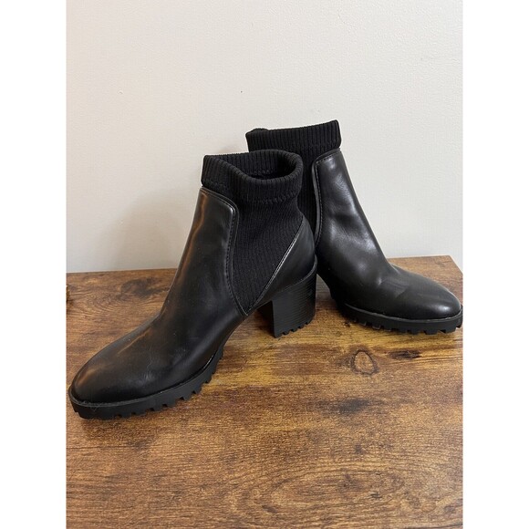 Zara Track Sole Black Sock Boot Size 38 Moto Combat Boots Slip On Heeled - Picture 5 of 16